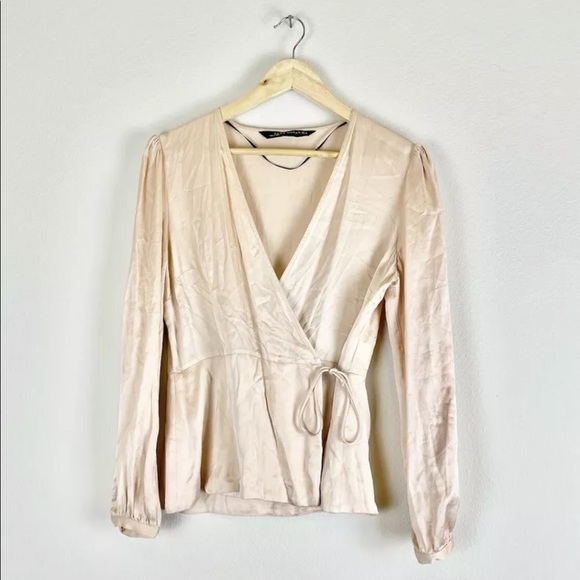 Zara Tops - Zara Blouse Small Womens Pink Satin V-Neck Long Sleeve Genuine Wrap Top Viscose